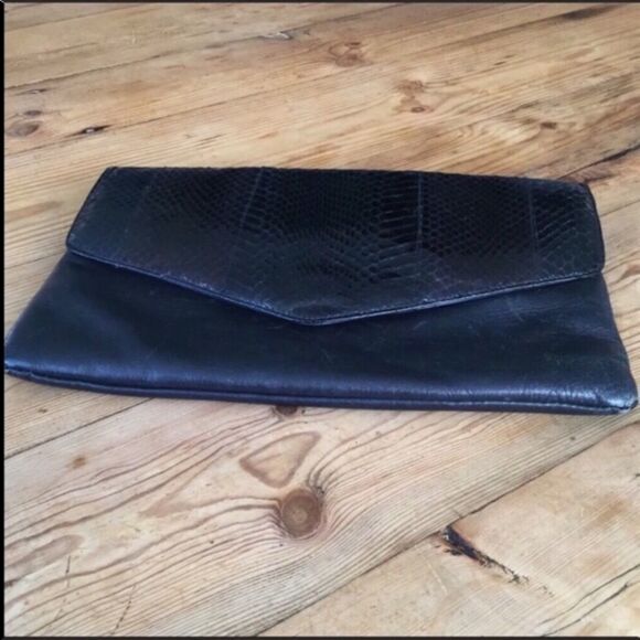 Vintage Black Leather Snake Skin Print Envelope Purse Bag Clutch - Picture 4 of 7
